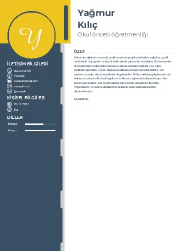 Okul Öncesi Öğretmeni Öğretmenliği Cv Örnekleri cv indir